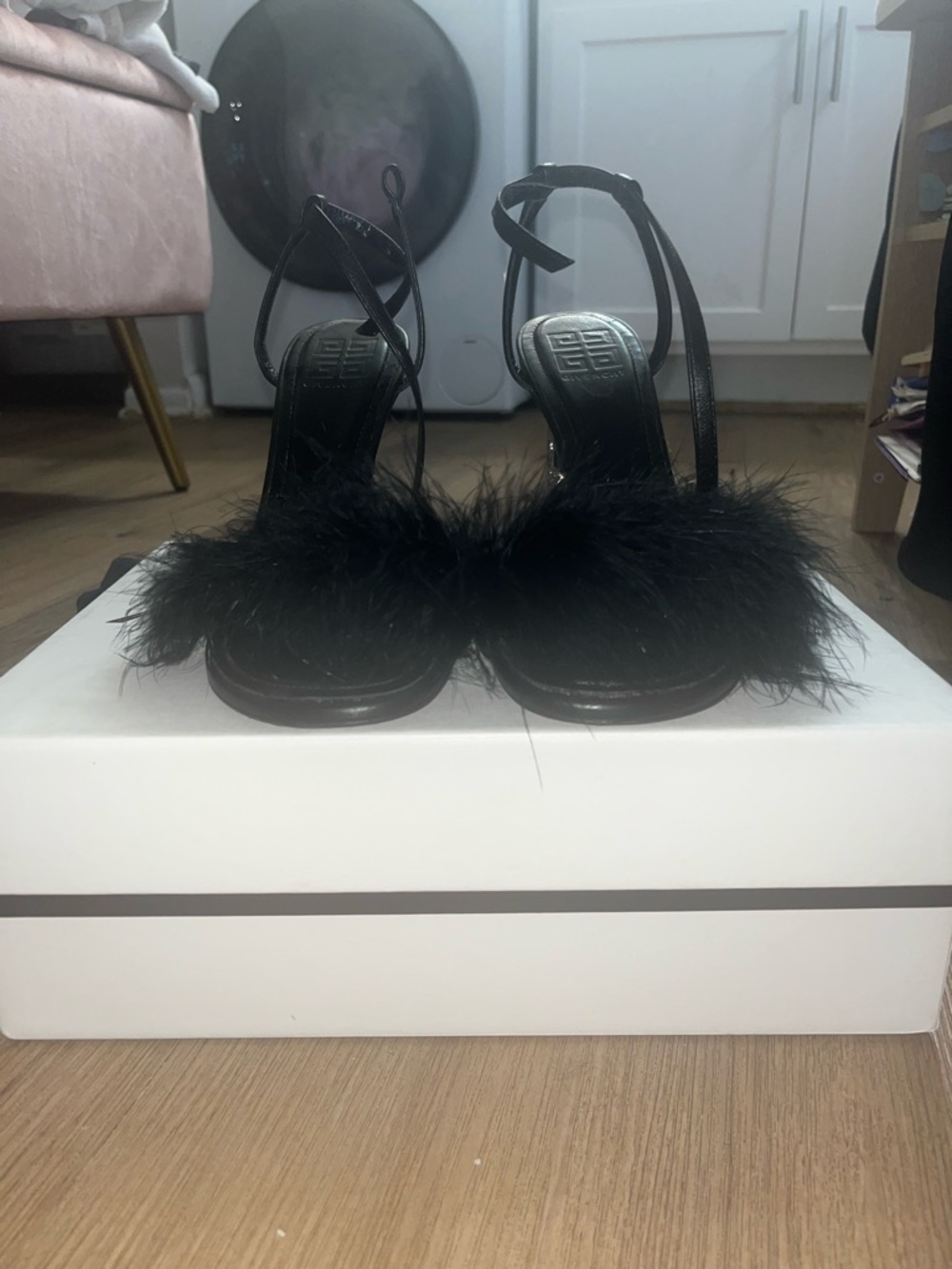 Givenchy Black Feather Strap Sandals with Sculptural Crystal Heel - Picture 2 of 3